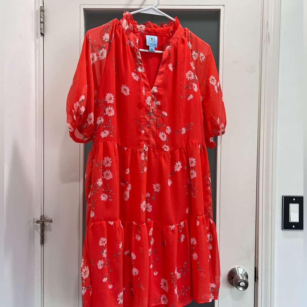 Bright orange salmon color dress with mid-length balloon sleeves S